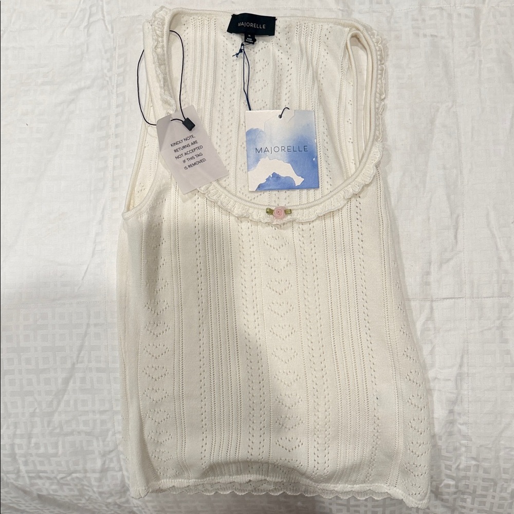 MAJORELLE Cream Eyelet Knit Tank with Floral Button